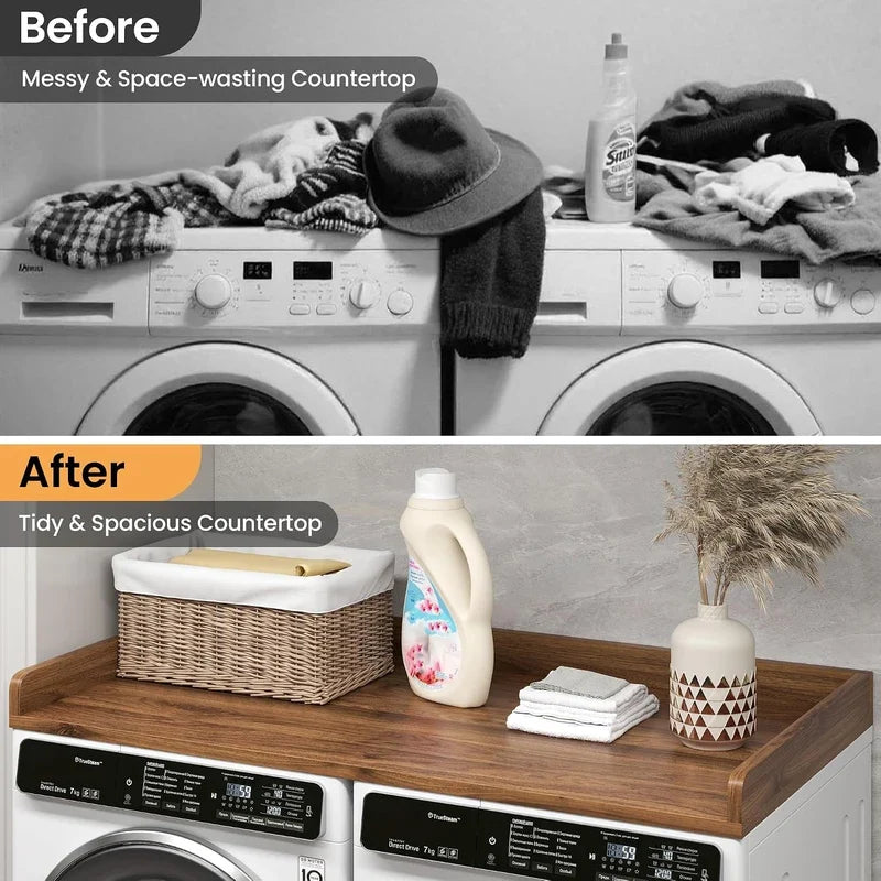 Before and after comparison showing tidy organized laundry top after installing the wood countertop