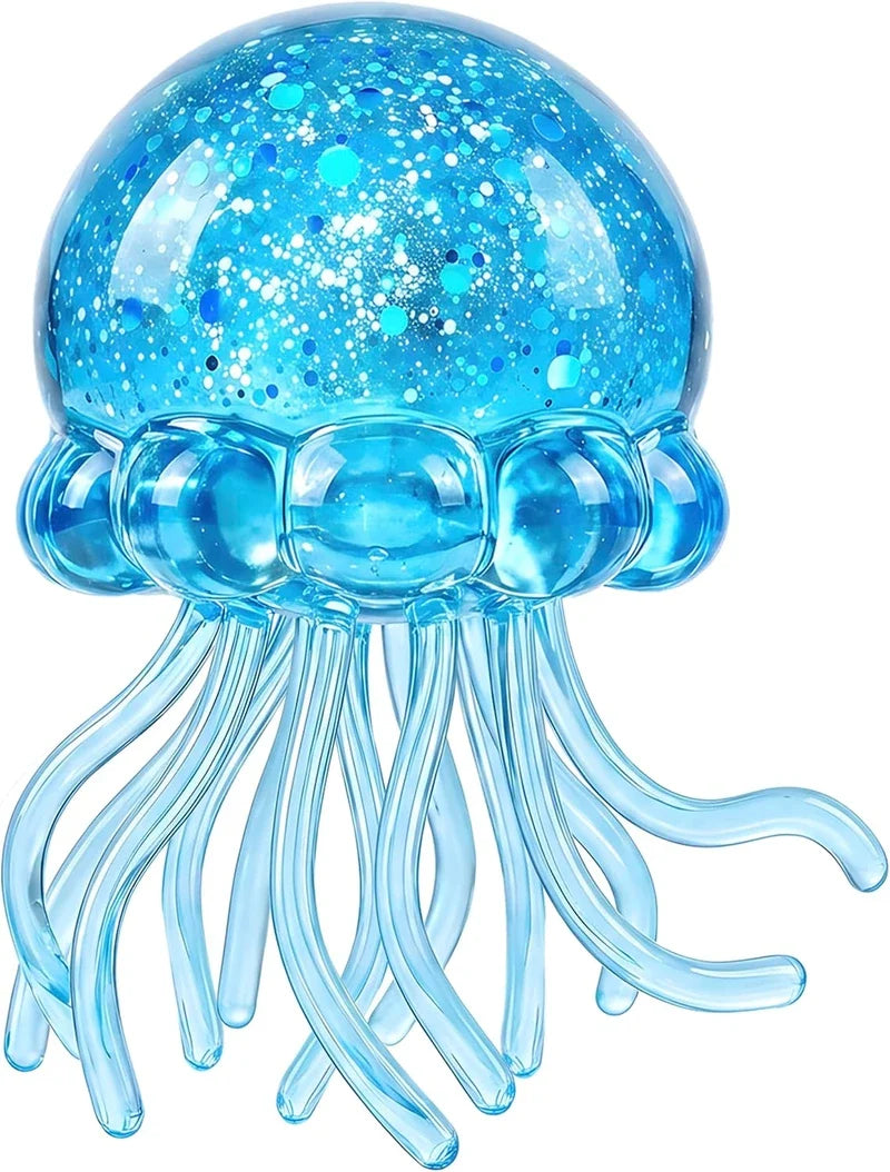Full view of shiny blue glitter transparent jellyfish squishy stress fidget toy