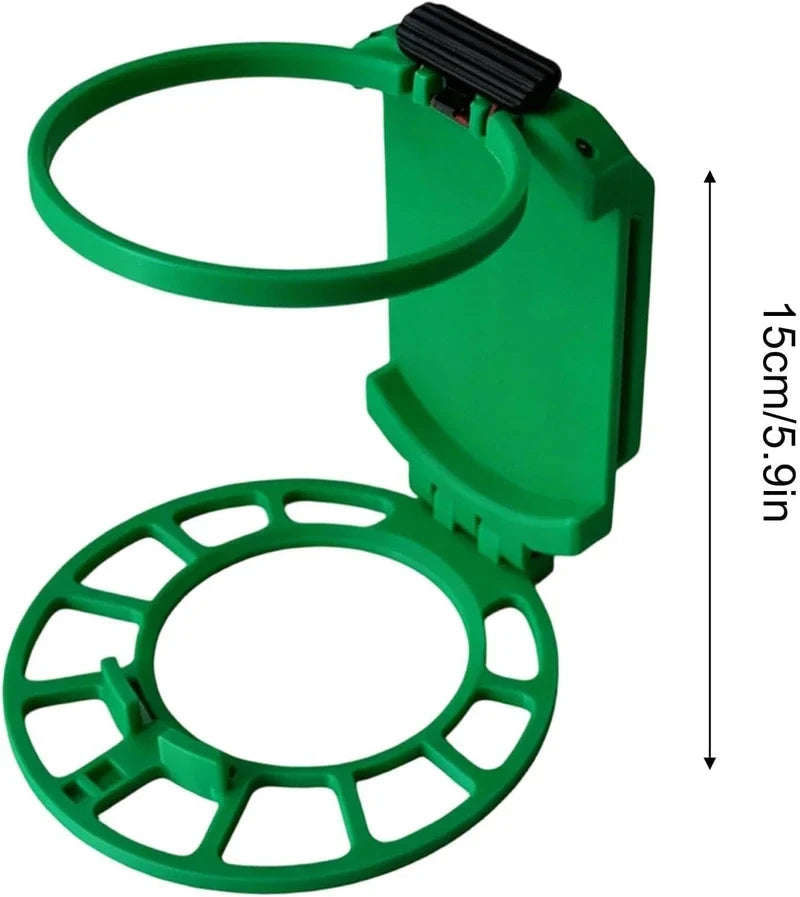 Unfolded green foldable belt drink holder with 15cm size dimension marked