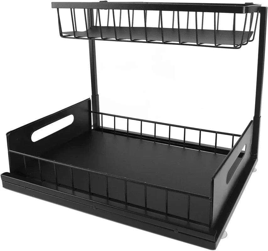 Empty black L shape 2 tier slide out under sink storage organizer on white background