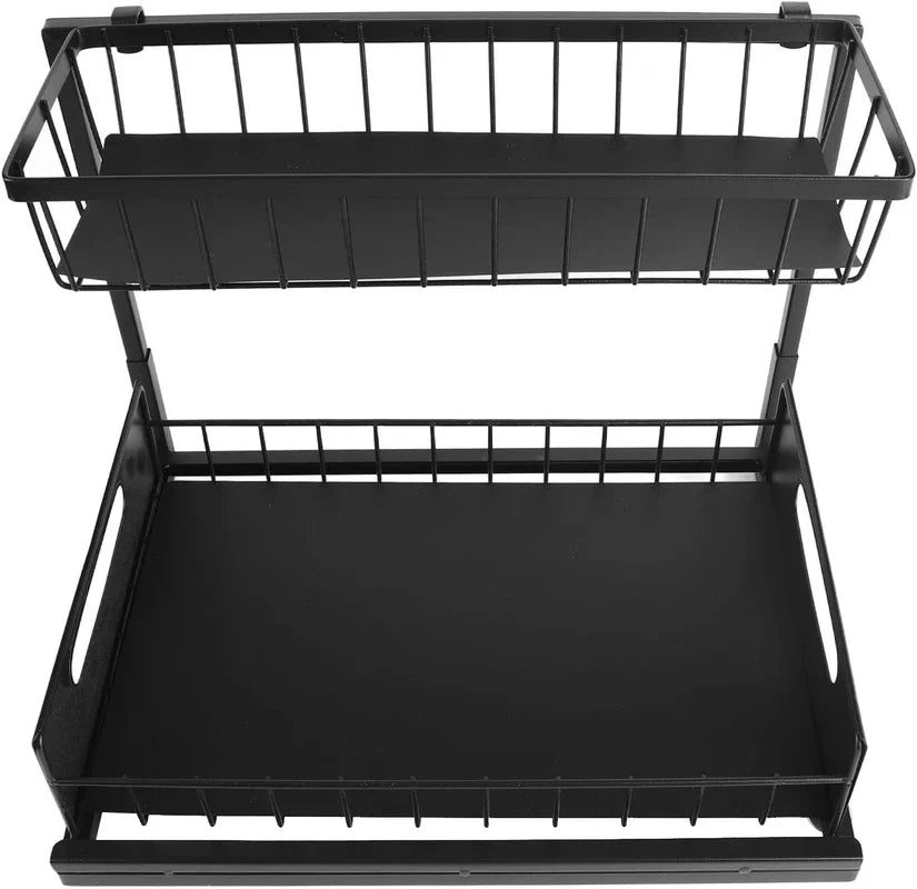 Top view of empty matte black 2 tier under sink slide out storage shelf on white background
