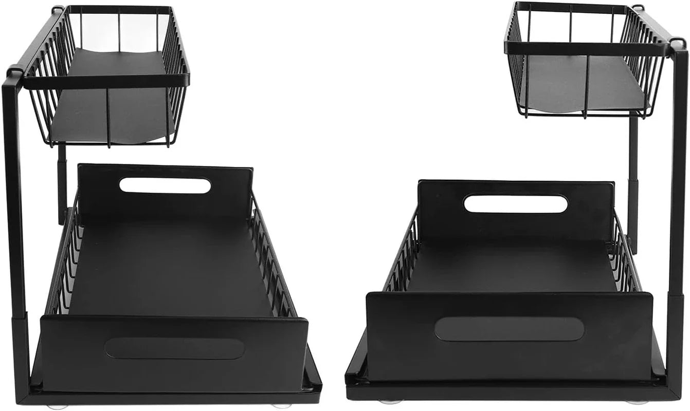 Two identical black 2 tier under sink storage racks displayed at different side angles