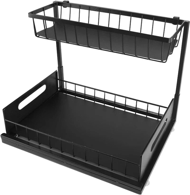 Oblique side view of empty black 2 tier L shaped under sink slide out storage organizer