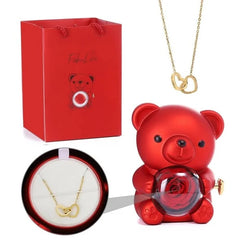 Teddy Bear with Preserved Rose Flower in Bear with Necklace and Gift Box