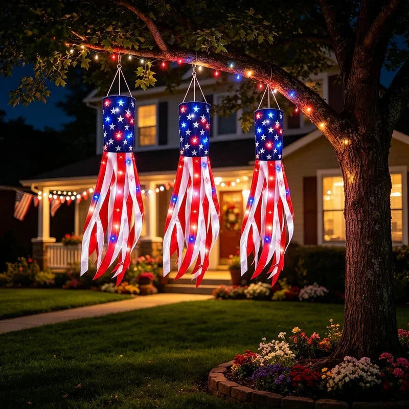 2 Packs 50" Patriotic LED Windsocks American Flag Decor with Lights