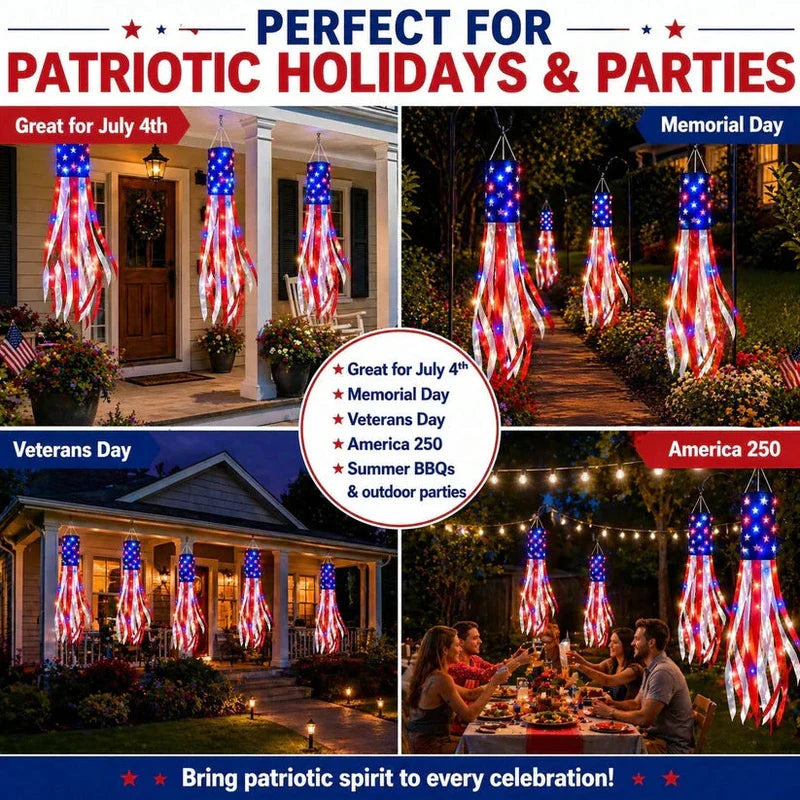 2 Packs 50" Patriotic LED Windsocks American Flag Decor with Lights