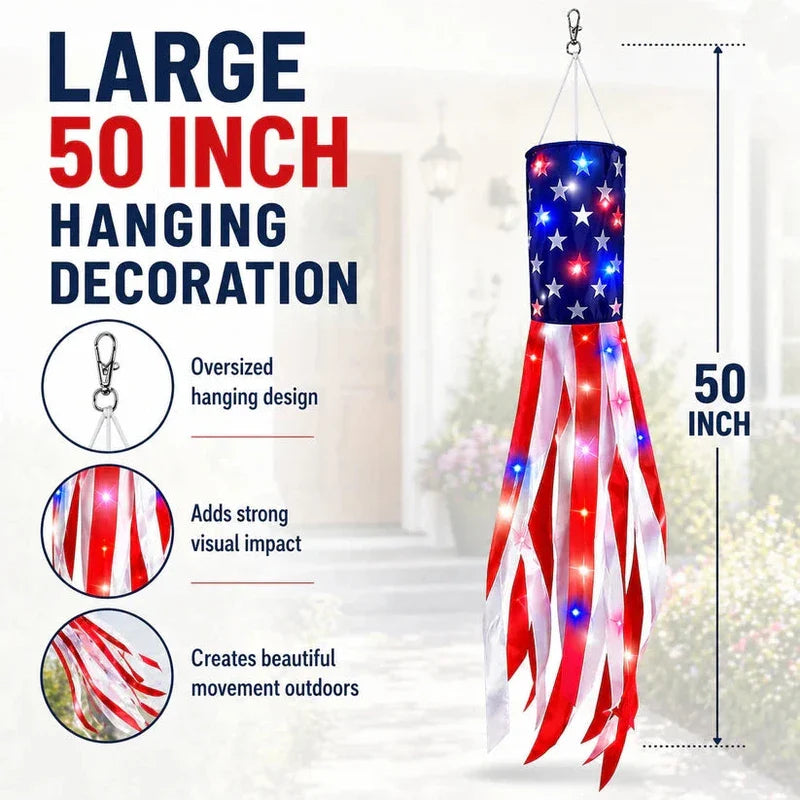 2 Packs 50" Patriotic LED Windsocks American Flag Decor with Lights