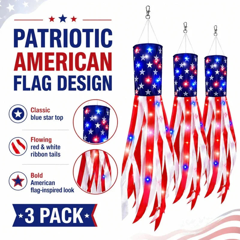2 Packs 50" Patriotic LED Windsocks American Flag Decor with Lights