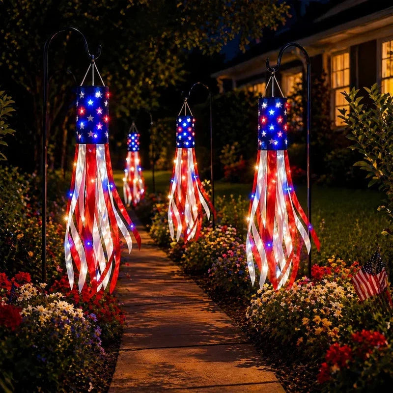 2 Packs 50" Patriotic LED Windsocks American Flag Decor with Lights
