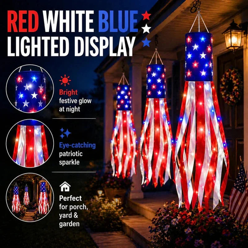 2 Packs 50" Patriotic LED Windsocks American Flag Decor with Lights
